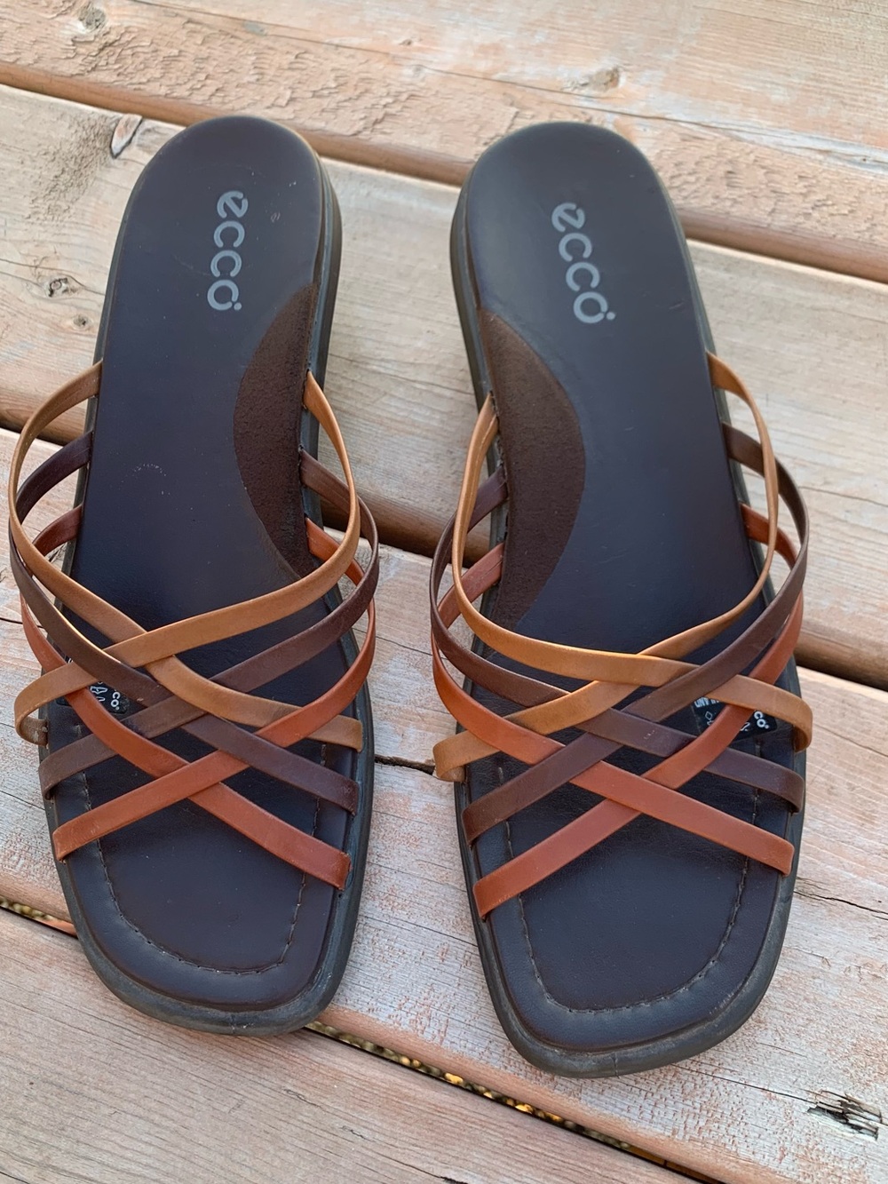 ECCO Brown Toned Strappy Leather Slide Sandals Block Heel Square Toe size 41 10